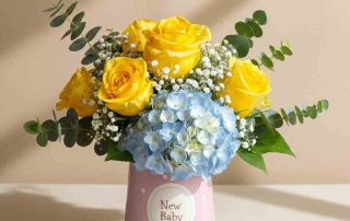 New Baby Flowers with Yellow Roses and Blue Hydrangea