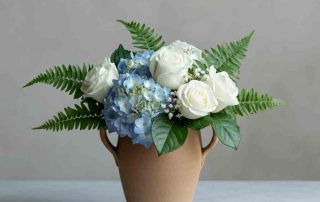 Sympathy Arrangement with Roses, Ferns and Hydrangea