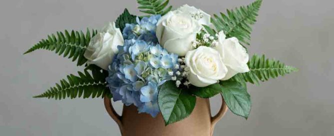 Sympathy Arrangement with Roses, Ferns and Hydrangea